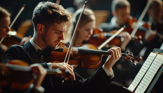 An immersive live symphony orchestra performance, capturing musicians with various instruments during a concert, highlighting the vibrancy and harmony of musical collaboration.