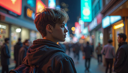 Obraz premium Young person looking thoughtfully at neon lights in a bustling city at night