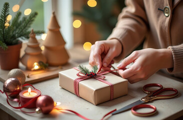 Close-up of hands tying a ribbon around a handmade Christmas gift, festive decorations, candles, scissors, ribbons, and craft supplies, holiday atmosphere. Concept DIY, Christmas tradition