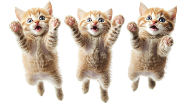 Three Kittens Jumping With Excitement on Clear Background Generative AI