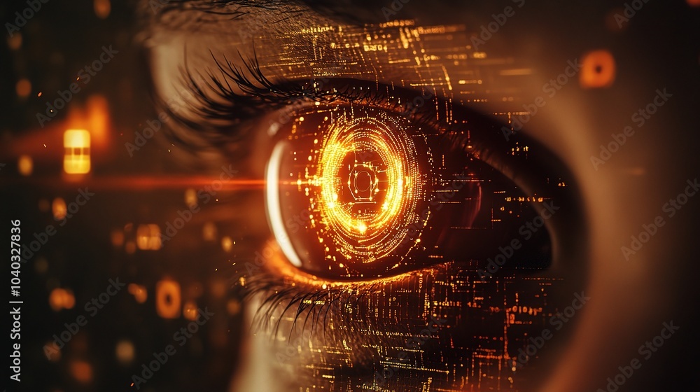 Poster glowing digital eye surrounded by layers of encryption