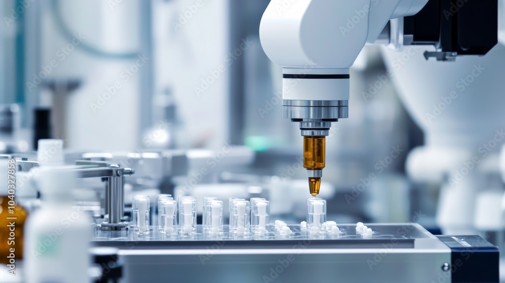 Poster a robotic system conducting automated testing of pharmaceuticals in a clean lab environment, sterile