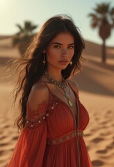 Arab woman in low neck red dress. Fashion photoshoot in the desert sands. Oasis in background. Arabian beauty and glamour concept.