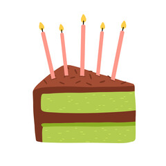 Birthday cake slices set. Sweet holiday bakery pieces collection. Pastry chocolate fruit, berry dessert with candles for breakfast. Vector hand drawn flat cartoon illustration