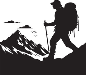 Mountain trekking person silhouette vector illustration isolated on a white background