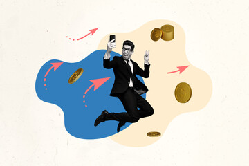 Creative picture collage young businessman peace gesture two fingers jump blogger take picture trader money funds rich golden coins