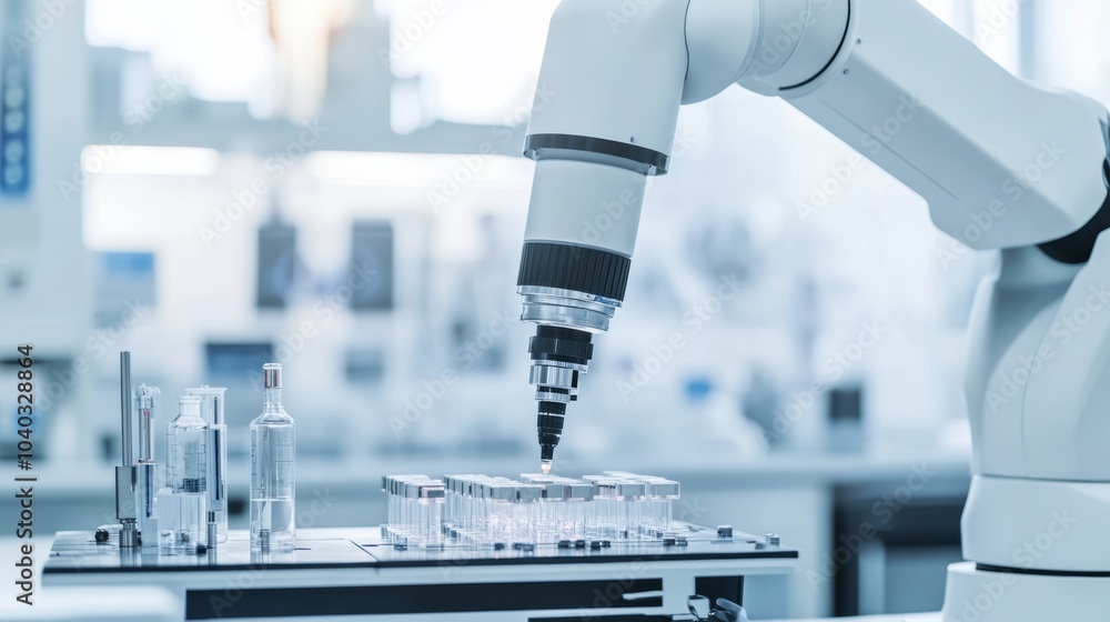 Poster a robotic system conducting high-precision medical research in a clean laboratory, modern and advanc