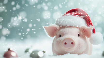Piggy Bank with Santa Hat Surrounded by Baubles and Snowflakes
