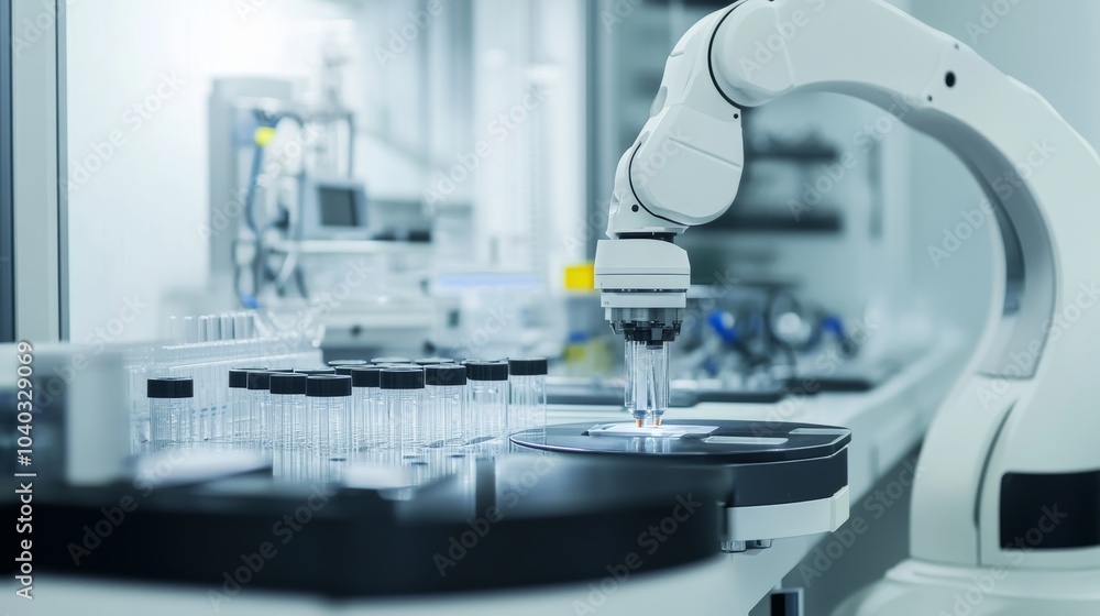 Poster a robotic system conducting high-precision medical research in a clean laboratory, modern and advanc