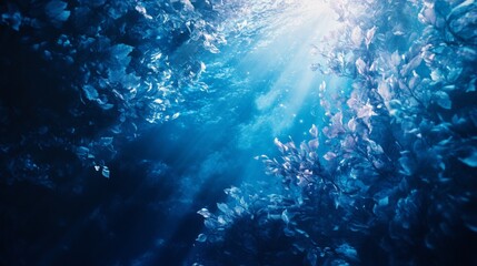 Fototapeta premium Underwater Serenity, a tranquil scene showcasing vibrant marine life illuminated by soft blue sunlight filtering through the water's surface, creating a peaceful aquatic atmosphere.