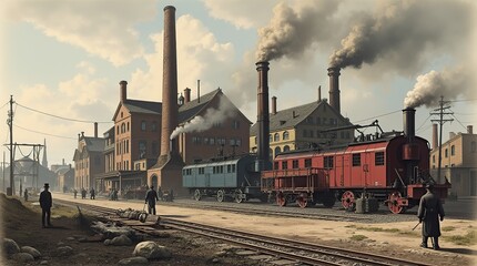 Industrial factory scene with steam engines from the mid-19th century