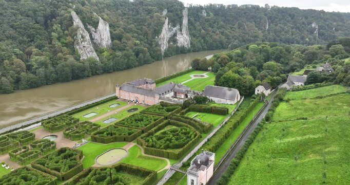 Castle of Freyr on the river Meuse, Renaissance castle, 18th century gardens,Belgium. Aerial drone video.