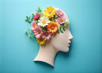 World mental health day concept. Paper human head symbol and flowers.
