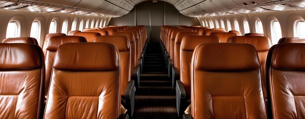 Airplane interior with rows of brown leather seats and empty aisle view.