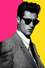 Fototapeta premium A stylish man in a checkered suit and sunglasses poses against a vibrant backdrop