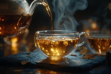 Tea scene featuring a close-up of a clear glass tea cup filled with golden tea. 