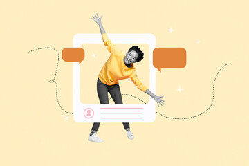 Composite artwork collage of app image frame blogger like profile summer vacation young woman stand spread hands hold smile speech cloud
