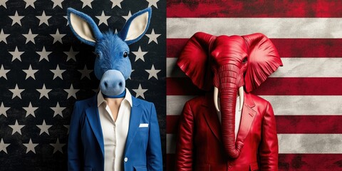 Politics Unmasked: Confrontation Between Democrats and Republicans with Symbolic blue Donkey and red Elephant Representations. American Flag Background for Election Campaign Art