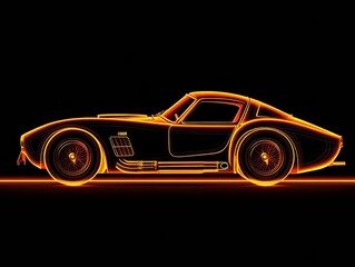 Naklejka premium Aerial view thick vector lines, full body neon orange silhouette of vintage sports car towards the viewer on pure all black background.