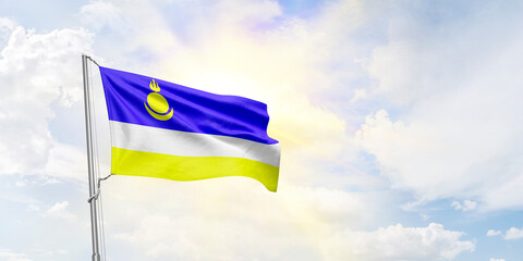 Buryatia flag waving on sky background. 3D Rendering