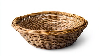 Wicker Basket on White Background, a finely crafted wicker basket showcasing intricate weaving, isolated against a clean white backdrop for versatile use in design projects.
