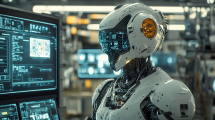 hyperrealistic robot with intricate mechanical details stands in high tech environment, surrounded by screens displaying data and graphics. design showcases advanced technology and futuristic