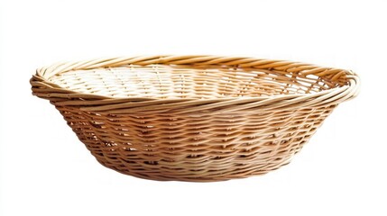 Obraz premium Wicker basket on a white background, showcasing intricate weaving patterns, ideal for decorative use or as a storage solution, highlighting its versatile design and texture.