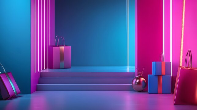 Neon-themed shopping bags and gift boxes in futuristic setting. Cyber Monday sales and online shopping promotions. Bright color modern mockup design for retail events