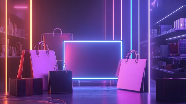 Neon-style gift boxes and shopping bags. Cyber Monday campaigns and online shopping promotions. Eye-catching modern retail background concept