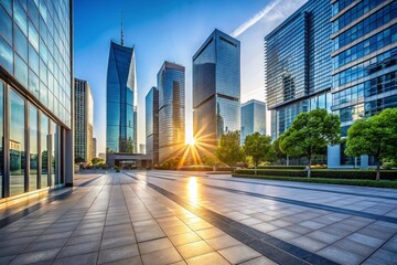 Fototapeta premium Urban Morning Glow: Sunlight Illuminating a Modern Business District with Long Shadows