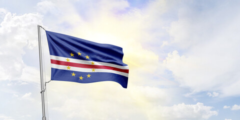 Cape Verde flag waving on sky background. 3D Rendering