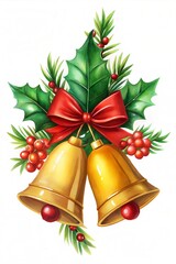 Festive Christmas bells decorated with holly leaves and red ribbon on white background