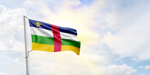 Central African Republic flag waving on sky background. 3D Rendering