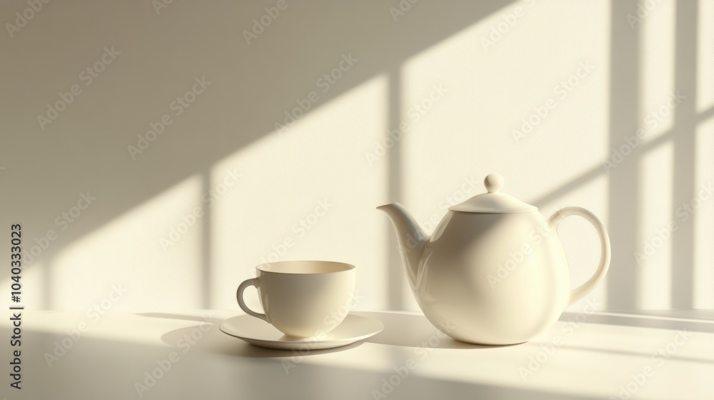 Poster A tea kettle and a matching cup sit on a table, bathed in soft morning light, creating a peaceful and inviting atmosphere. Generative AI