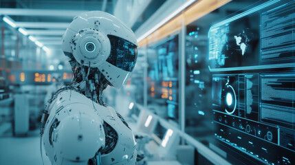 Fototapeta premium hyperrealistic robot with intricate mechanical features stands in futuristic environment, interacting with advanced digital displays. scene conveys sense of innovation and technology