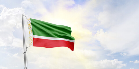 Chechen Republic flag waving on sky background. 3D Rendering