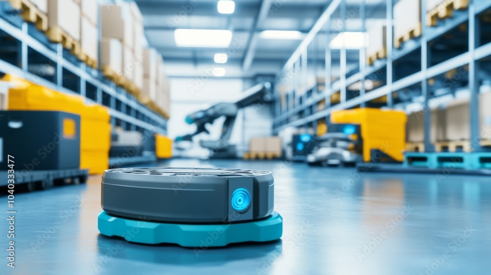 Aufkleber A robotic system managing automated sorting and packaging of high-tech gadgets in a clean, sophisticated electronics warehouse, modern and organized environment with a focus on gadget logistics