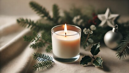 A soy wax candle in a clear glass holder, blurred holiday greenery behind. A natural soy candle in glass, with a festive holiday greenery background, gently blurred.