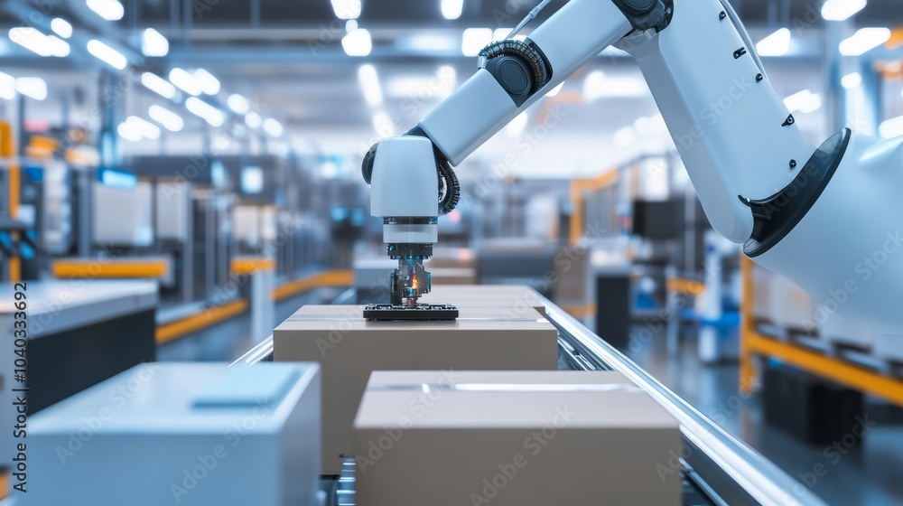 Poster A robotic system managing automated sorting and packaging of high-tech gadgets in a clean, sophisticated electronics warehouse, modern and organized environment with a focus on gadget logistics
