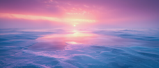Frozen tundra landscape at dusk, with icy blue tones covering the ground and the sky painted in soft pink and purple hues.