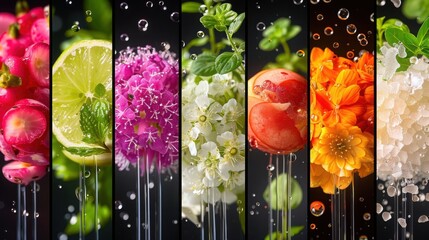An arrangement of fresh fruits herbs flowers and lime slices displayed in vertical sections with water splashes


