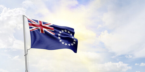 Cook Islands flag waving on sky background. 3D Rendering
