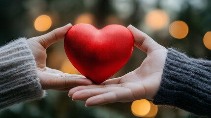 A close-up of two hands exchanging a big red heart, capturing the warmth and emotion of the moment for Valentine's Day, highlighting a tender and heartfelt mood