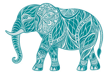 Continuous Line Elephant with Ornamental Patterns vector illustration