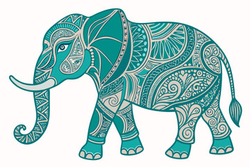Continuous Line Elephant with Ornamental Patterns vector illustration