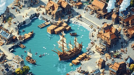 Pixel art DnD map of a seaside port with docks ships and crates