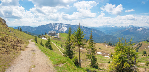 beautiful hiking route to Rotwand mountain hut, view to bavarian alps in spring