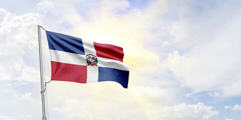 Dominican Republic flag waving on sky background. 3D Rendering