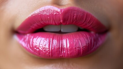 Obraz premium Close-up of pink lips with shimmering lip gloss. Women's beauty and lip care, lip moisturizing.