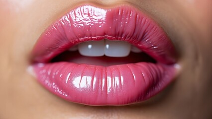 Obraz premium Close-up of pink lips with shimmering lip gloss. Women's beauty and lip care, lip moisturizing.